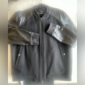 Vince Black Wool Men’s Bomber Jacket With Black Leather Sleeves - Size XL
